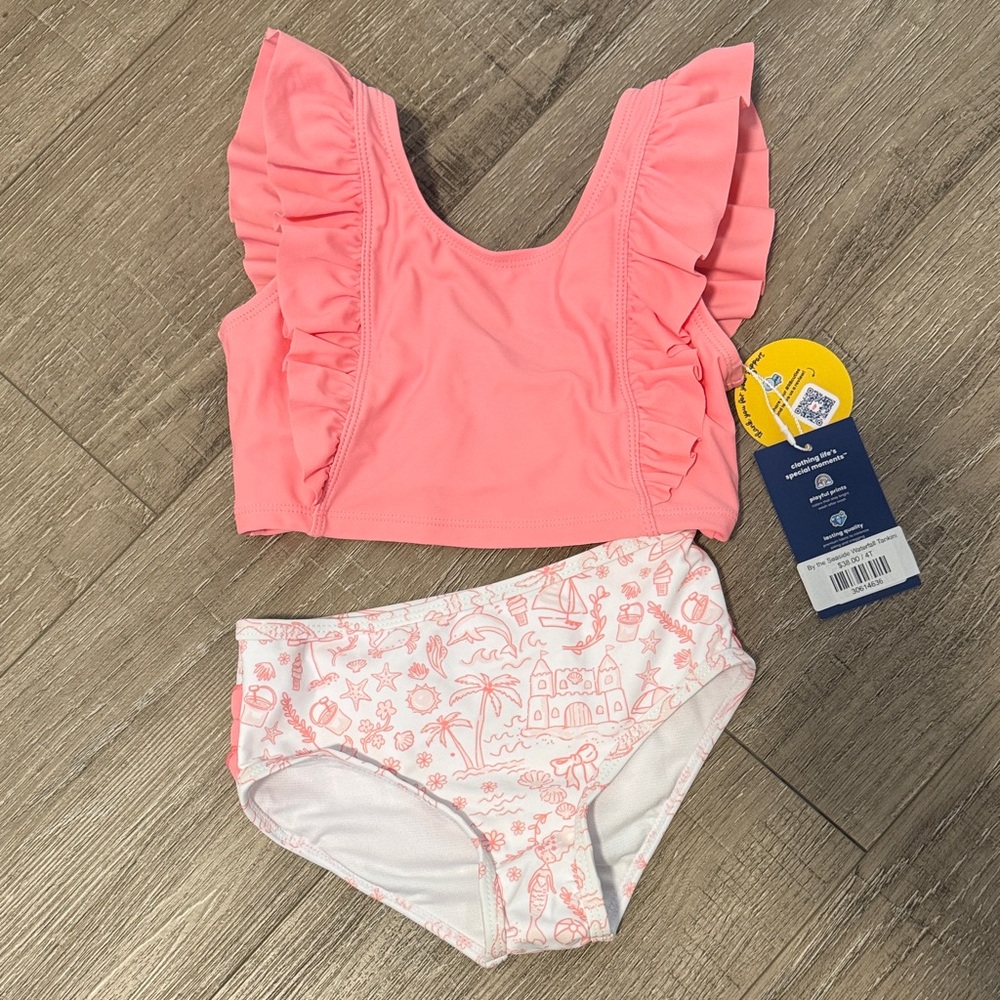 Ruffle Butts Pink Ruffle Tankini Top with Printed Trim